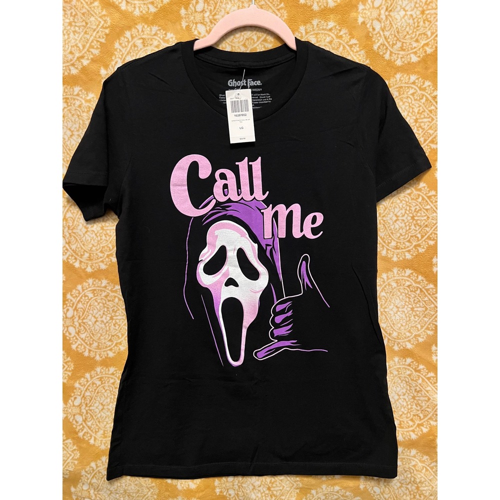 Ghost Face Call Me BF Tee Black Graphic T-Shirt Scream Horror Movie Pink LG NWT